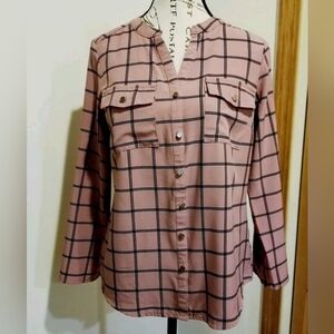 Notations Women's Pink & Black Stripe Windowpane Blouse Size S Office Career